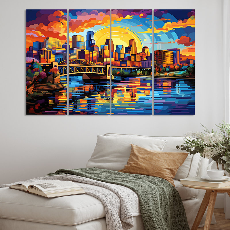 «Colorful City Minneapolis Popart II», reproduction d'art sur toile Minneapolis - 4 panneaux