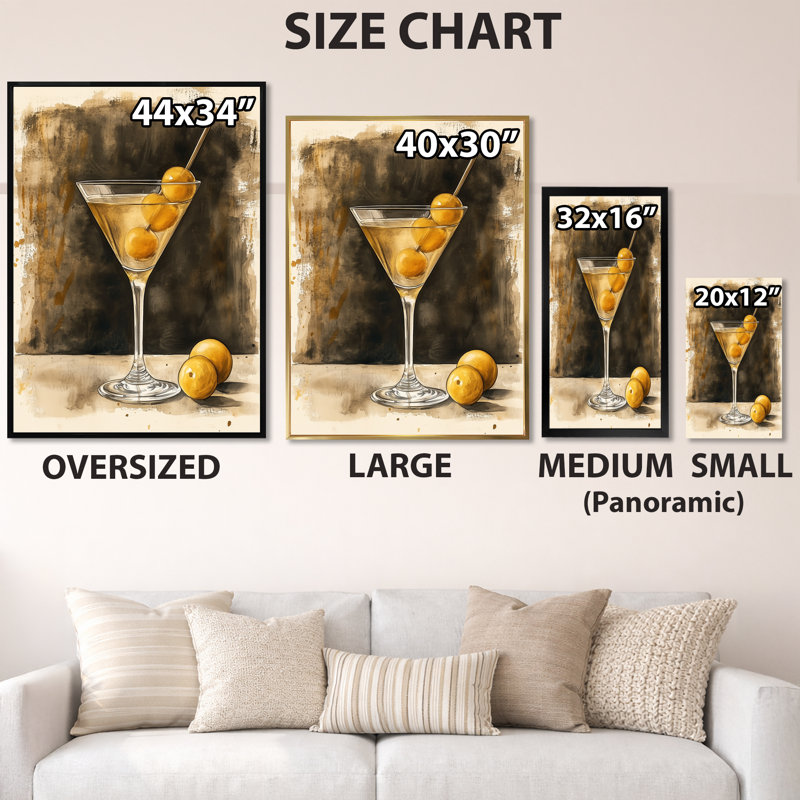 Martini After Midnight - Tableau encadré pour bar, 40" H x 30" W, Encadrement doré