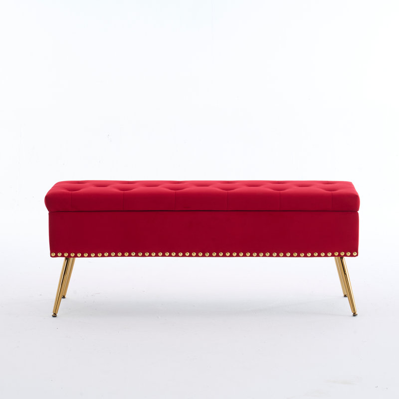 Banc repose-pieds en velours avec rangement, Rouge, H 18 po x l 46 po x P 15,5 po