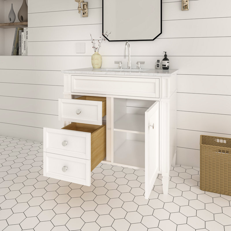 Ensemble de meuble-lavabo autoportant 36 po Alexxis blanc mat avec plateau en marbre de Carrare, Blanc