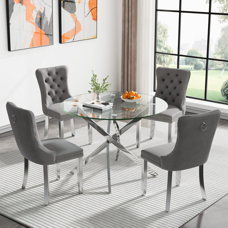 36" Glass Dining Room Table Set for 4, 5-Piece Round Kitchen Dining Table Set with Metal Legs and 4 Velvet Upholstered Chairs, Glass Kitchen Table and Chairs Set