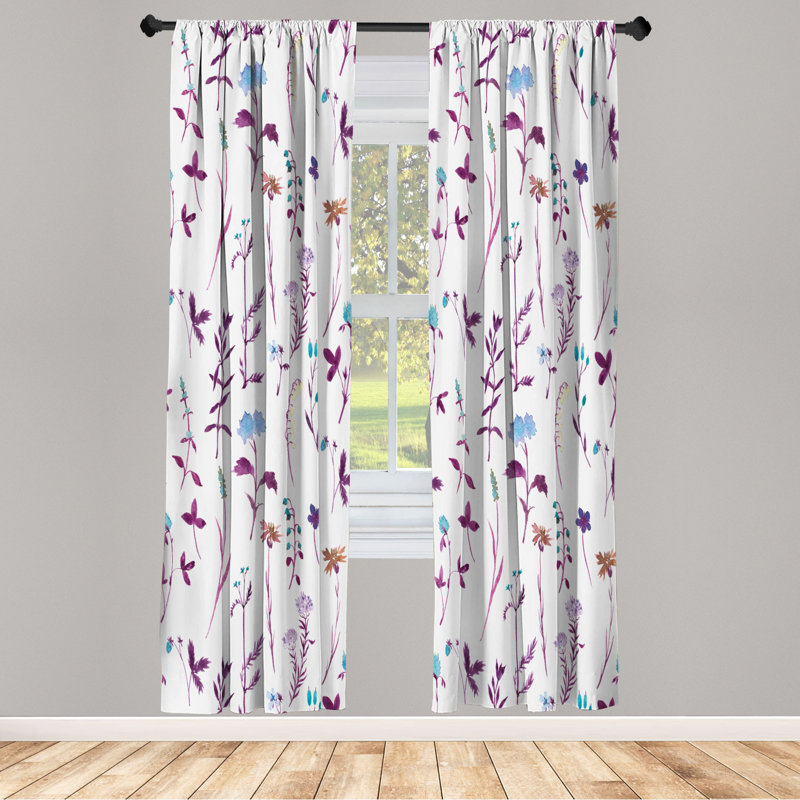 Microfiber Floral Semi-Sheer Rod Pocket Curtain Panels, 28" W x 95" L, White/Purple