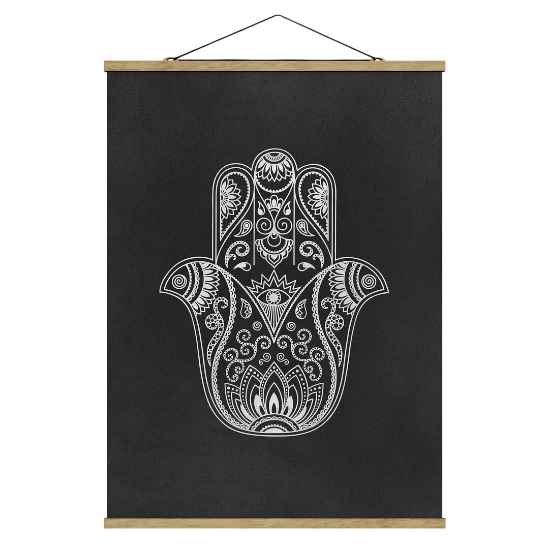 Grafikdruck Mandala Hamsa Hand Lotus Set auf Schwarz