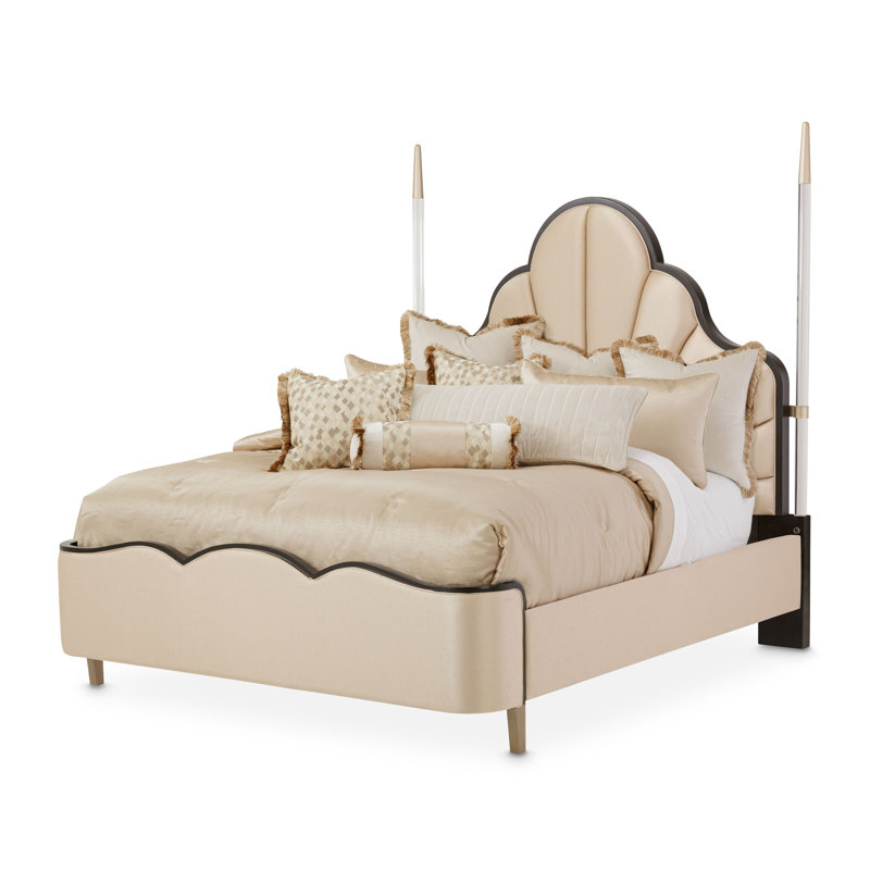 Dark Espresso King Poster Bed with Sand Faux Silk Upholstered Headboard