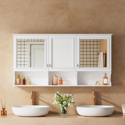 Armoire à pharmacie 55 po à miroir avec tablettes ouvertes, rangement mural avec portes et miroir, tablette réglable