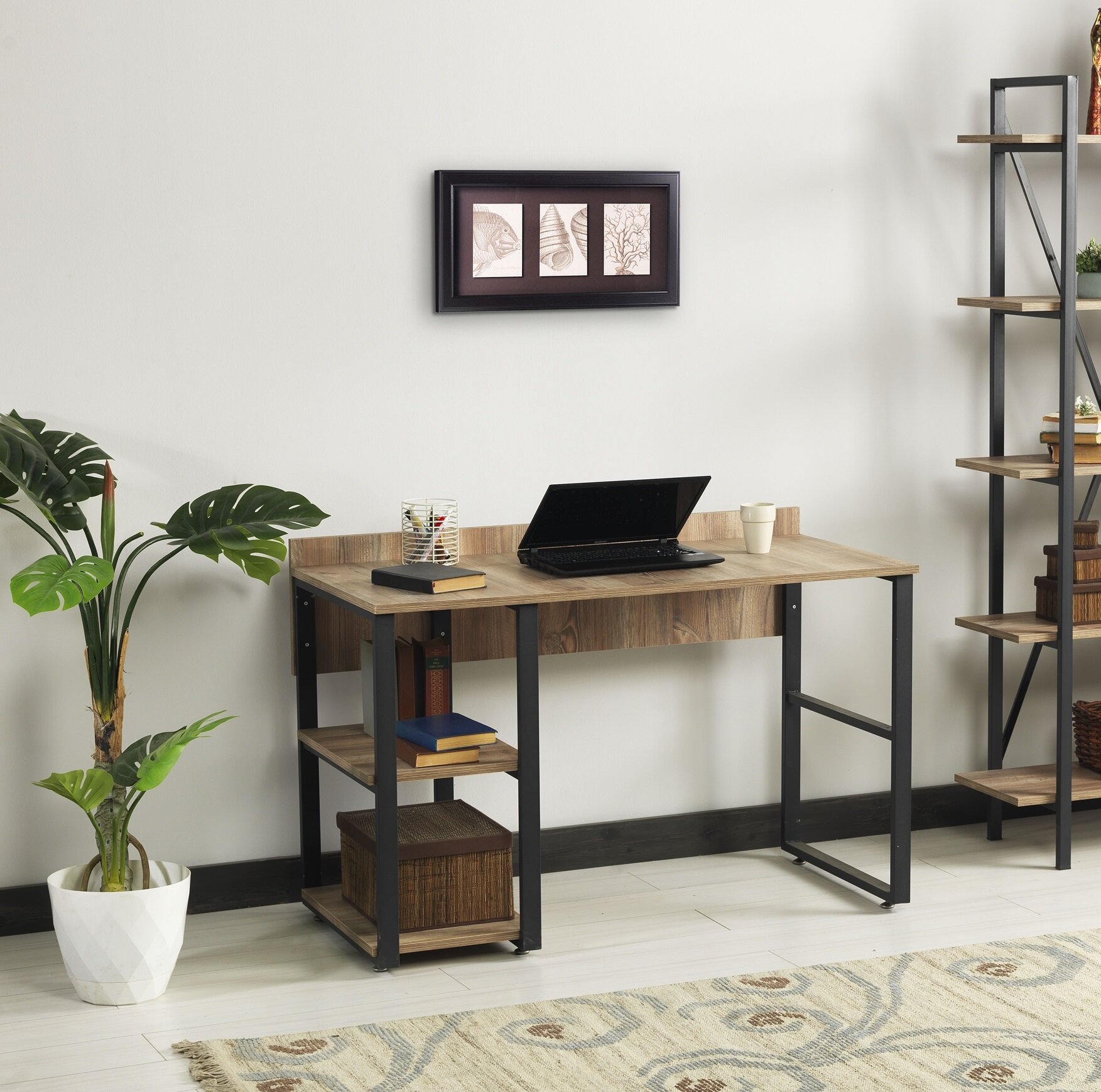 Reversible Writing Desk with Storage Shelves, Monitor Riser & Side Pegboard  Organizers