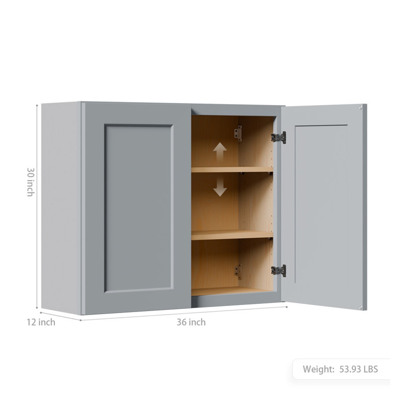 Armoire murale 36 po en bois massif gris avec portes à fermeture douce et tablettes réglables