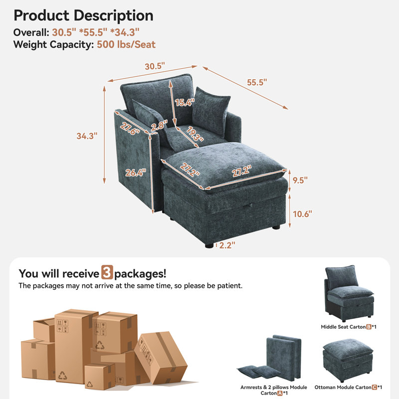 Upholstered Accent Armchair & Ottoman Set, Both with Hidden Storage, Blue