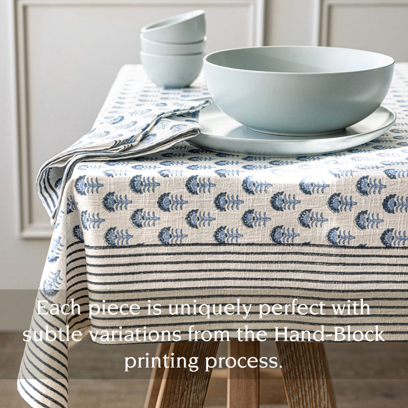 Hand-Screened Blue Flower Cotton Rectangular Tablecloth 70x90