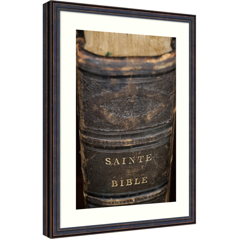 Ancienne bible, impression sur bois encadrée, 26 x 19, Cuillère bronze foncé