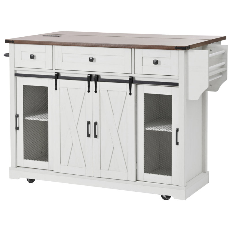 58" Farmhouse Kitchen Island With Storage, Sliding Barn Door & Metal Grid Side Door, Rolling Kitchen Island On 5 Wheels With Spice Rack, Glass Holders,Island Table With Drop Leaf For Kitchen