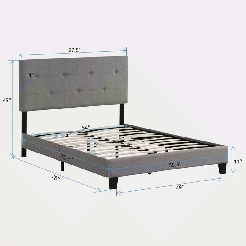 Structure de lit plateforme tapissier avec tête de lit capitonnée en tissu de lin, aucun sommier requis, support à lattes de bois, assemblage facile
