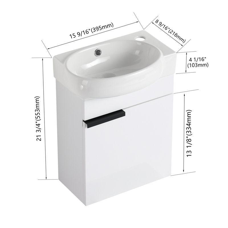  Khyla 16'' Single Sink Wall Mounted Bathroom Vanity,Floating Vanity with 1 Door and White Ceramic Sink Top, White