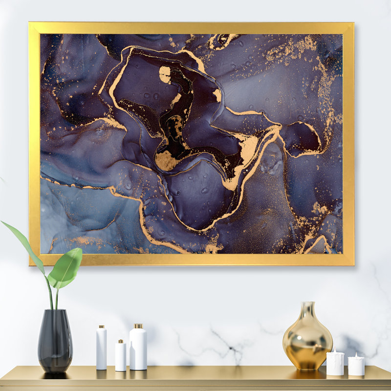 Mauve et or, abstrait fluide de luxe - peinture sur toile, H 24 po x l 32 po x P 1 po, Encadrement doré
