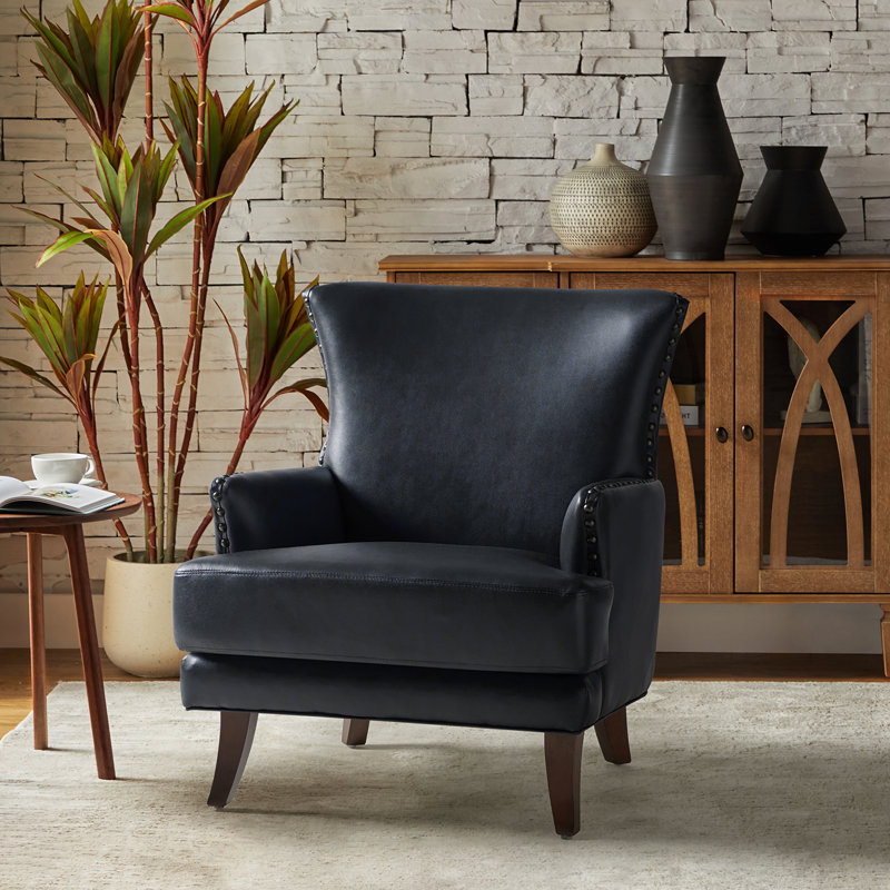 Fauteuil à oreilles en cuir 29,2 po Aviles, Similicuir noir