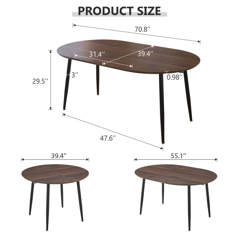 Table de salle à manger extensible 4-6 places, Brun, Noir, H 29,5 po x L 70,8 po x l 39,4 po