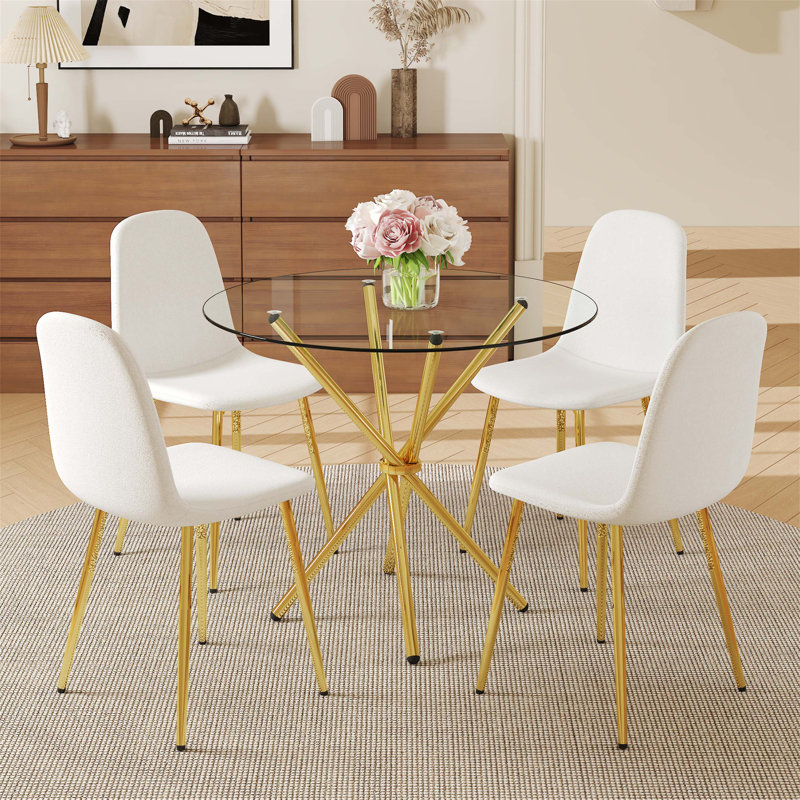Ensemble de salle à manger 4 pièces avec table ronde en verre trempé et chaises blanc-doré - Luxe moderne pour le salon et la cuisine, polyvalent et élégant
