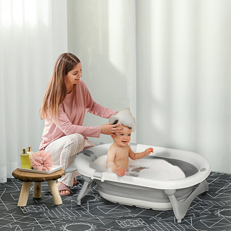HOMCOM Foldable Baby Bathtub Set Non-Slip Support for Newborn Offwhite, Grey