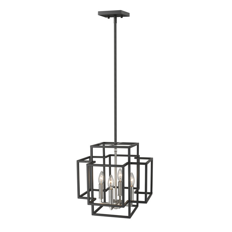 Lustre carré / rectangulaire à 4 lumières Orona, H 22 po x l 22 po x p 22 po, Noir / Nickel brossé