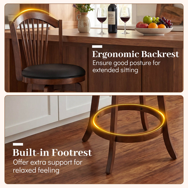 Ensemble de 4 tabourets de bar pivotants de 31 po de hauteur avec dossier et structure en bois brun, 4