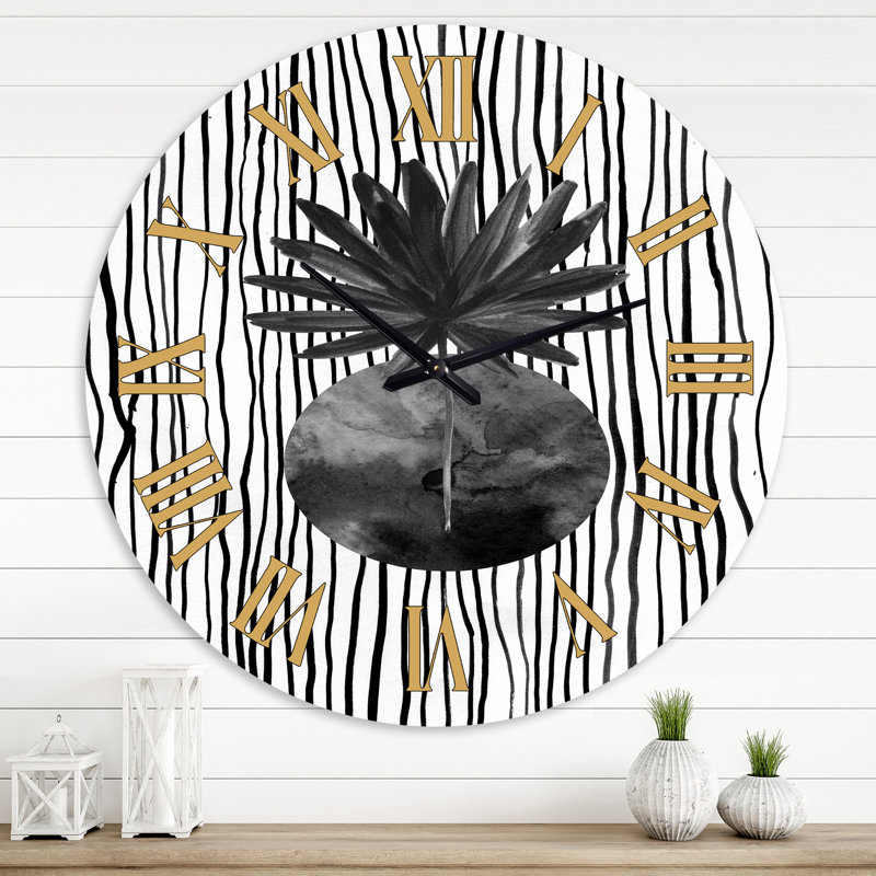 Horloge murale moderne à motif de feuilles tropicales noires et blanches I, Grand