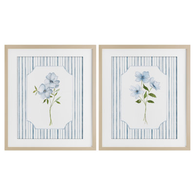 Blue Blooms & Stripes  2pc Framed Print Under Glass Set, design by Tava Studios
