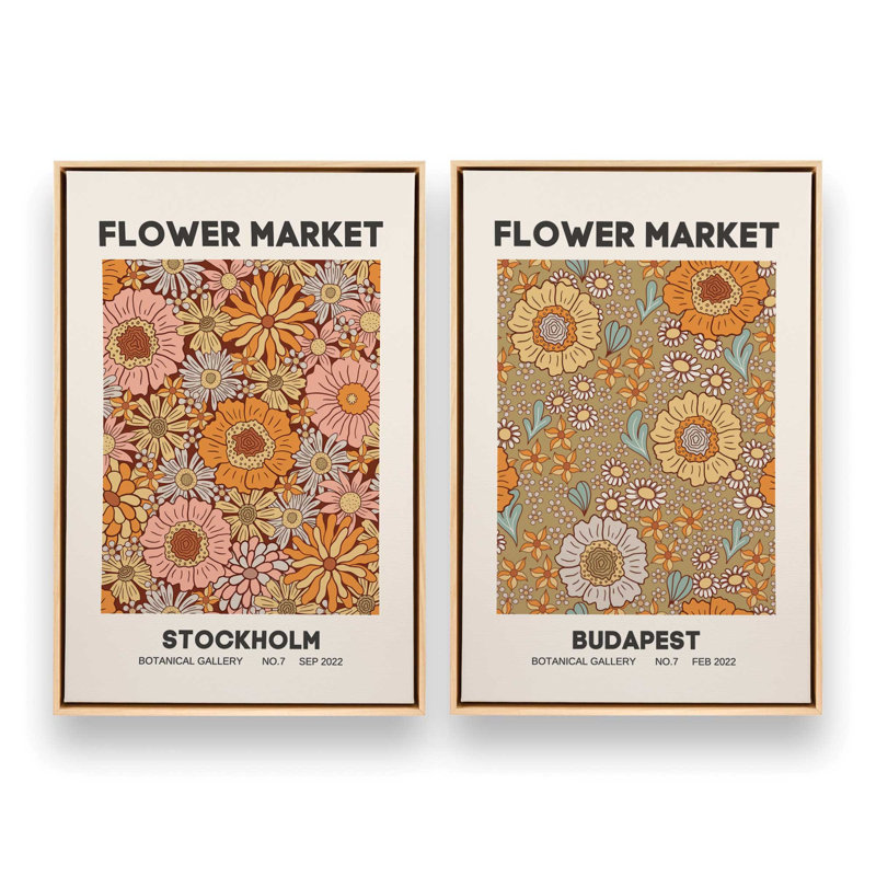 Ensemble de 2 impressions sur toile Retro Flower Markets II, Cadre flottant, Noir satiné, H 49,5 po x l 67 po x P 1,75 po
