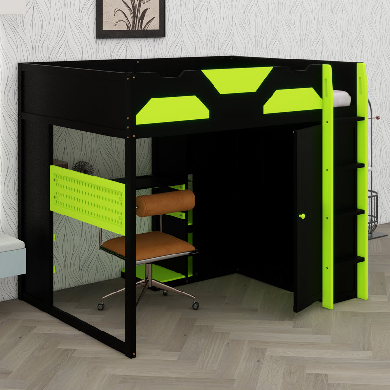Lit mezzanine fonctionnel avec bureau d'étude, rangement à plusieurs niveaux, connectivité USB et lumières RVB personnalisables