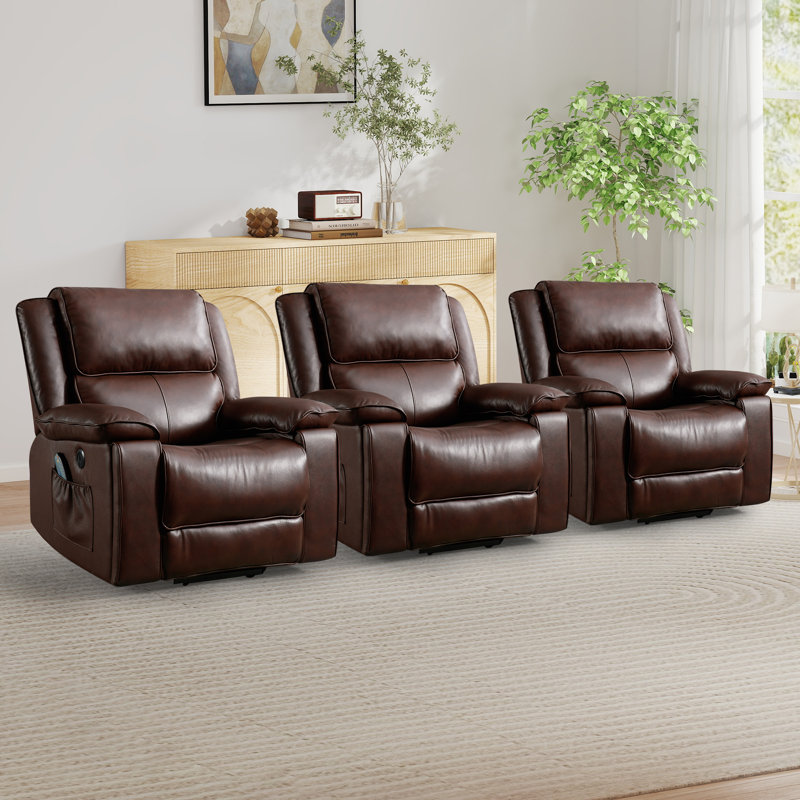 Fauteuil de massage inclinable et chauffant en cuir véritable de 38,2 po avec porte-gobelets et port USB (ensemble de 3)