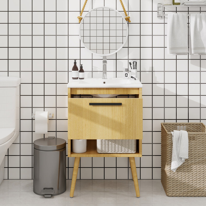 Meuble-lavabo 24 po avec lavabo, armoire de salle de bain multifonctionnelle avec tiroir, panneau de fibres à densité moyenne, naturel
