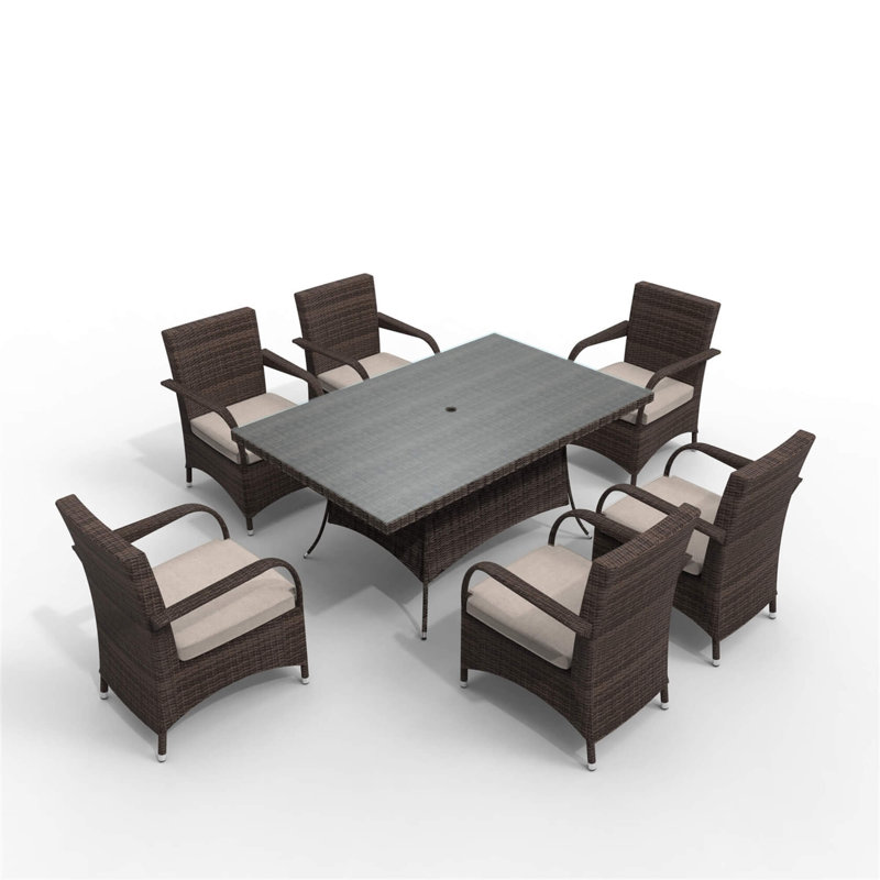 Hampton 7-Piece Outdoor Dining Set with Rectangular Table in Brown, Beige/Brown