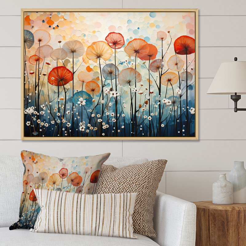 Coral Dandelion Floral Symphony II - Floral Wall Art Living Room, H 34 po x l 44 po x P 1,5 po, Cadre naturel flottant