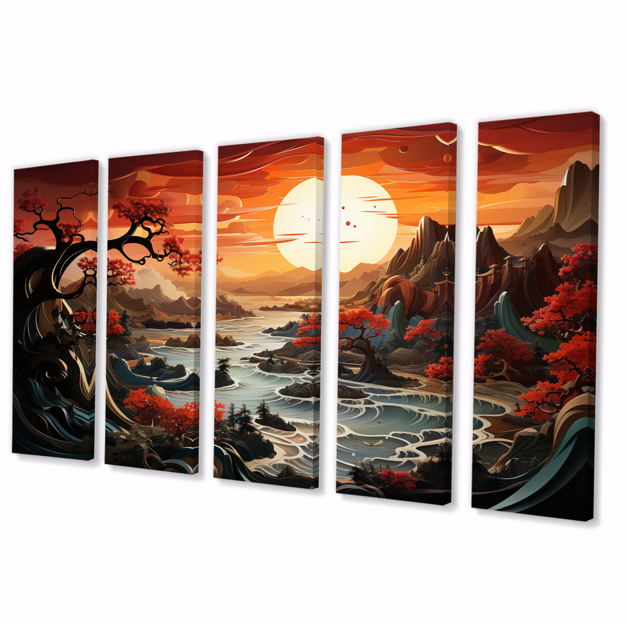 Charlton Home® China Dragons Landscape On Canvas 5 Pieces Print | Wayfair