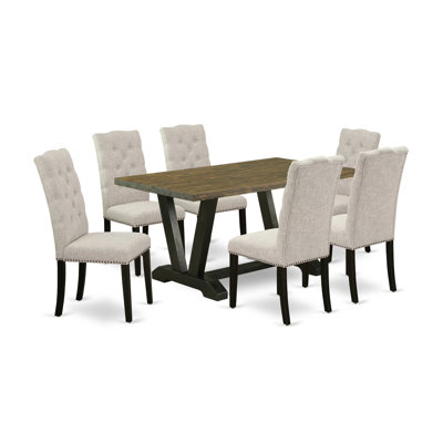 7-Pc Rectangular Dinette Set with a Beautiful Distressed Jacobean Dining Table top and 6 Doeskin Parson Dining chairs with Nail Heads and Button Tufted, Wire Brushed Black Finish