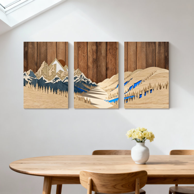 «Landscape & Nature Mountain Landscape with Trees and River Reflection», ensemble de 3 impressions d'art sur toile
