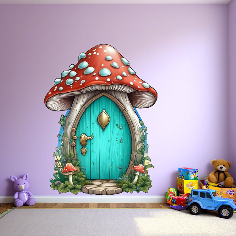 Adhésif décoratif fée turquoise champignon maison - porte de fée enchanteresse, H 25 po x l 22 po