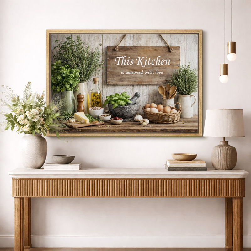 "Kitchen Herbs", assaisonné avec amour, impression sur toile encadrée, H 24 po x l 36 po x P 1,5 po, Cadre naturel