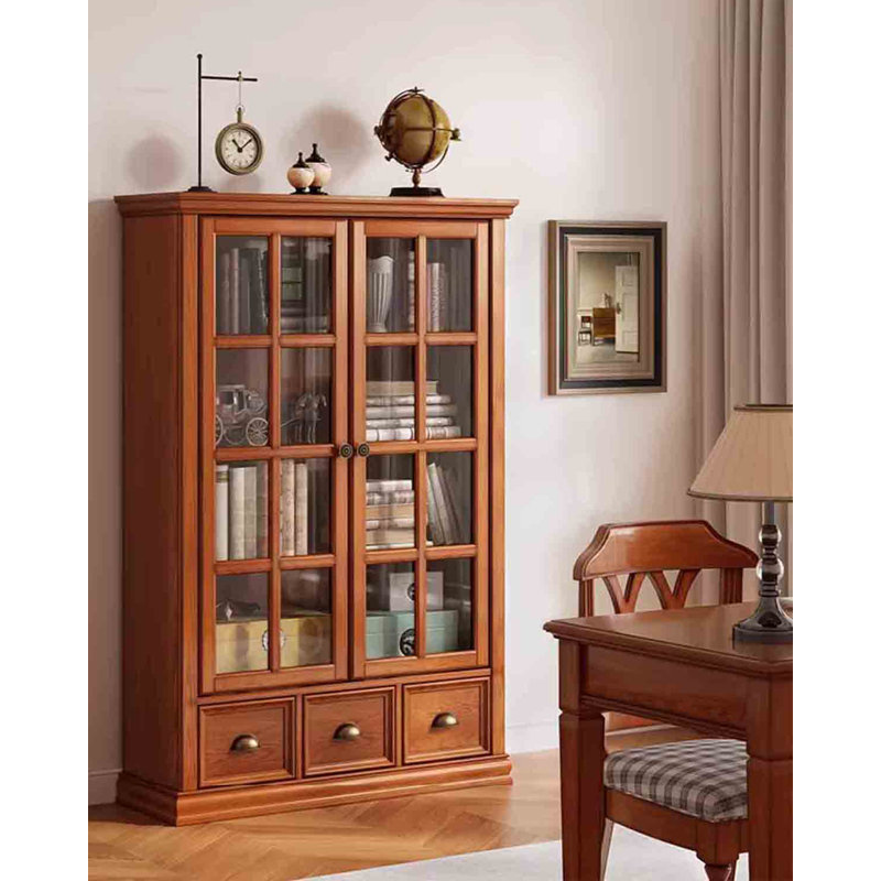 Bibliothèque à portes en verre massif avec tiroirs Traditional, Brun