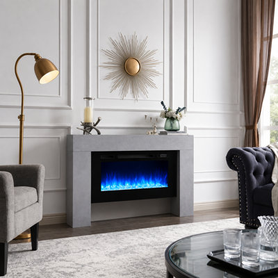 FLAMME Carmaux Freestanding Electric Fireplace, 3 LED Flame Colours, 2kW Heater, Logs or Crystal Fuel Bed, Remote, Cement Grey