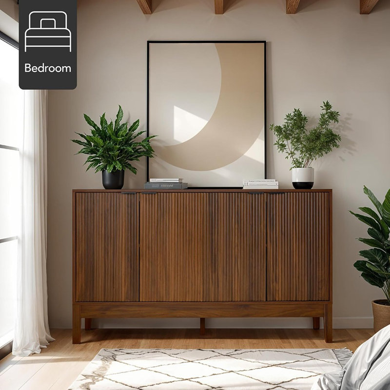 Buffet moderne à 4 portes avec buffet, armoire multimédia, armoire, table d'appoint, bibliothèque avec panneaux Reed et tablettes réglables - noyer