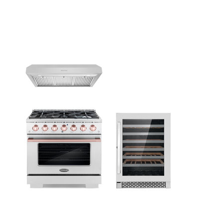 Cosmo 3 Piece Kitchen Appliance Package with 36'' Gas Freestanding Range , Under Cabinet Range Hood , and Wine Refrigerator -  COS-4PKG-1097