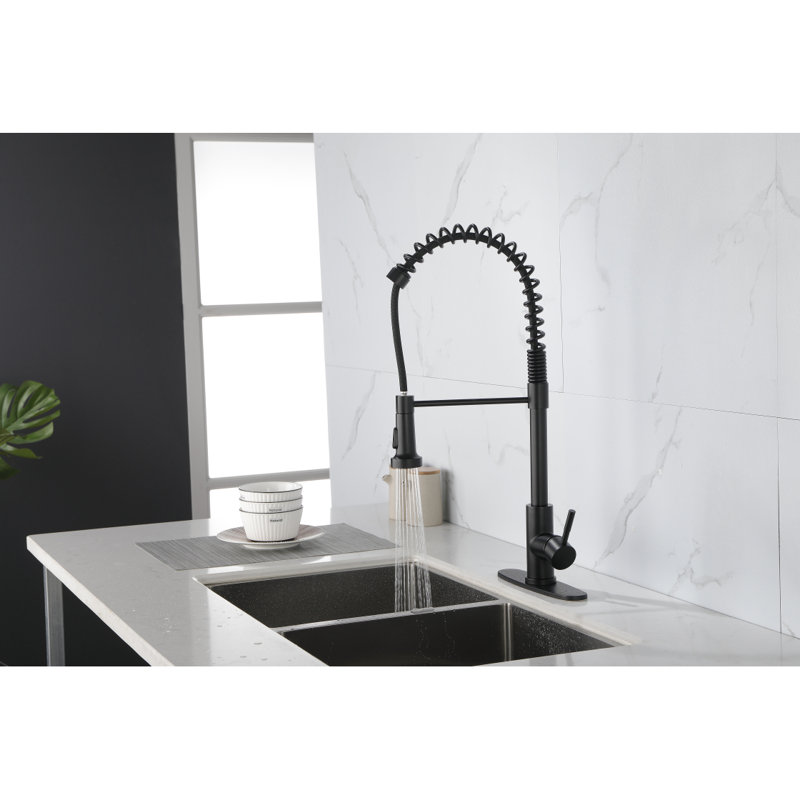 Commercial Spring Kitchen Faucets Matte Black With Pull Out Sprayer,  Stainless Steel Snk Faucet, Industrial 3-Hole Sink Faucet For Camper Laundry Bar,