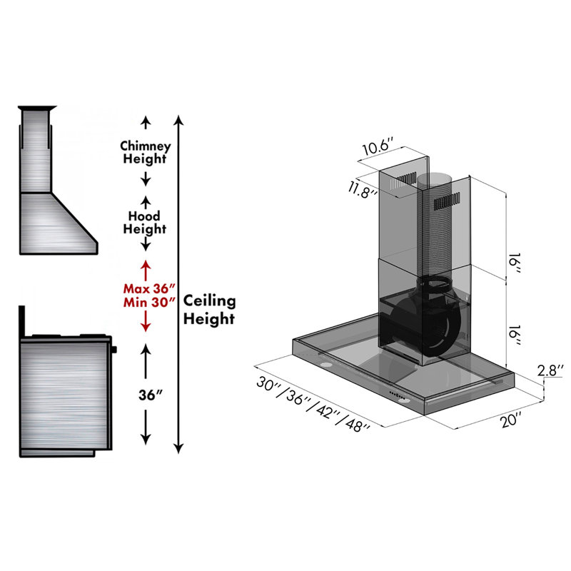 42" KE 400 CFM Convertible Wall Mount Range Hood in Brushed Stainless Steel, Stainless Steel, 42"