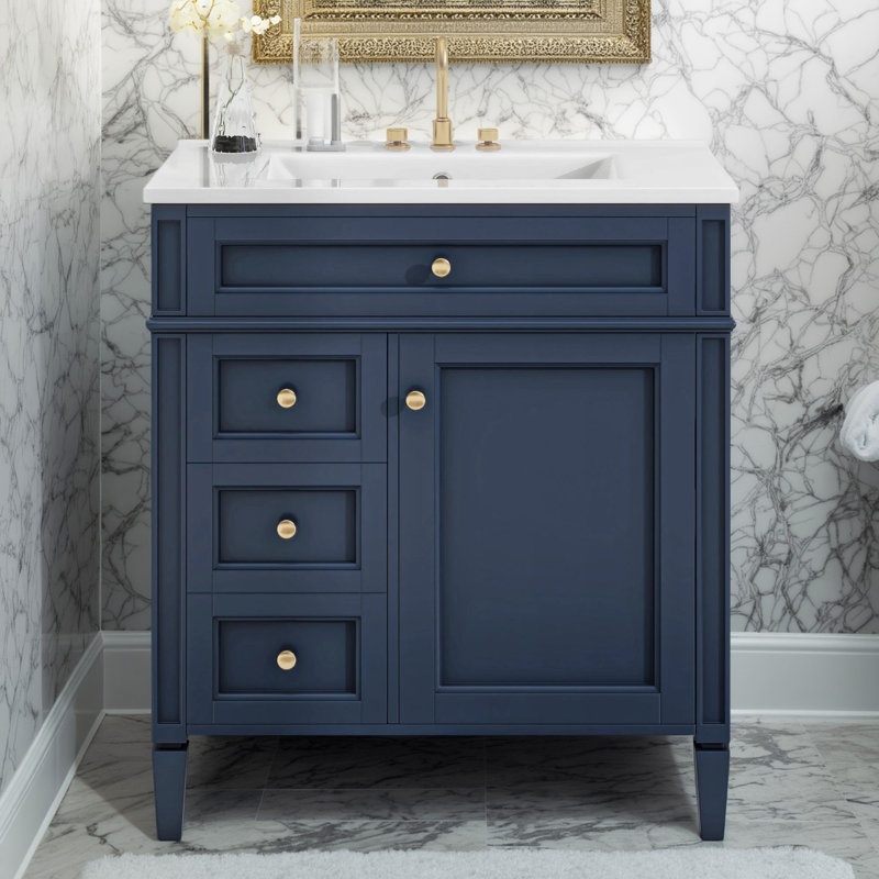 Meuble-lavabo moderne avec lavabo, 2 tiroirs, tiroir basculant, armoire de rangement, Bleu, Doré, 30"