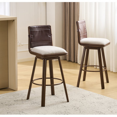 Sibyl Indoor Upholstered Swivel Bar Stool With Metal Frame, Walnut Finish And Beige Upholstery, Set Of 2