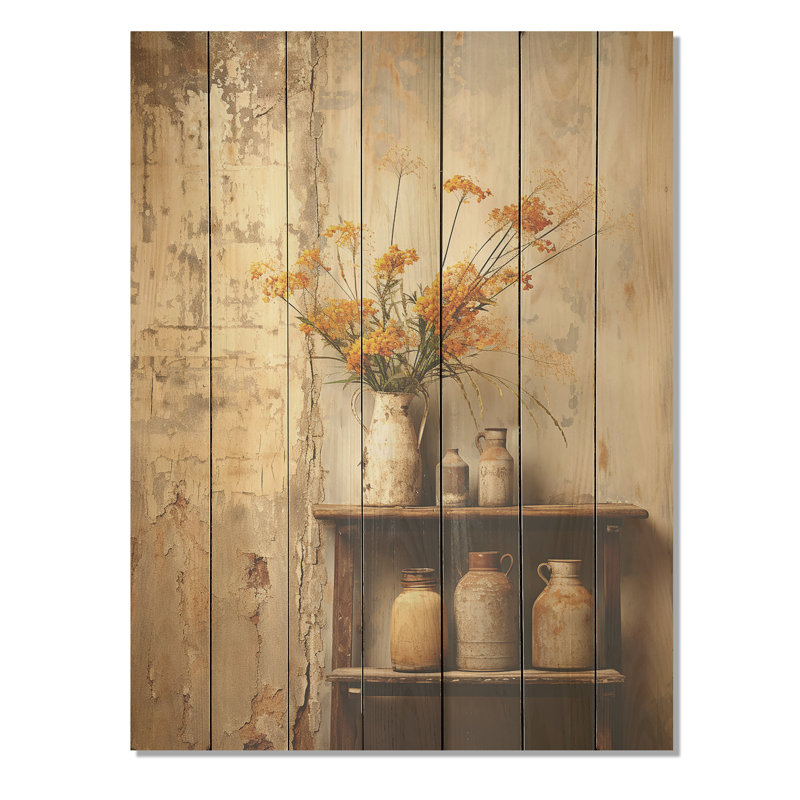 Floral Floral Rustic Charm Pottery I - Boho Pottery sur impression de bois, H 44 po x l 34 po