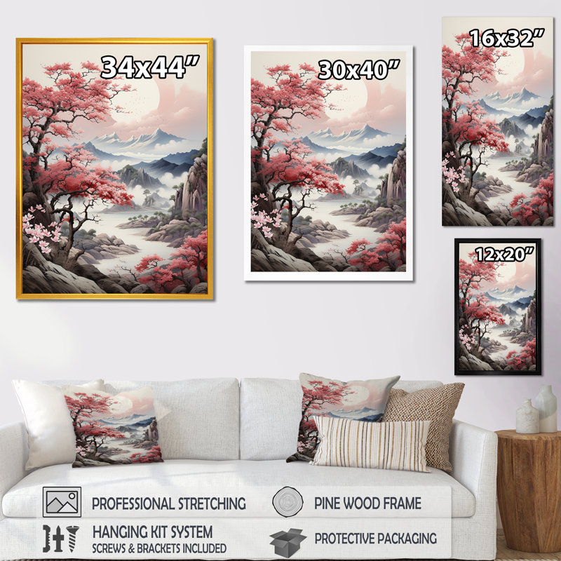Rose, montagne du Japon, printemps, fleurs de cerisier III - Japon, art mural, Cadre photo noir simple