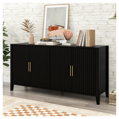 Buffet 61,1 po en bois massif noir et panneau de fibres à densité moyenne avec portes à lattes ondulées pour le rangement dans la salle à manger