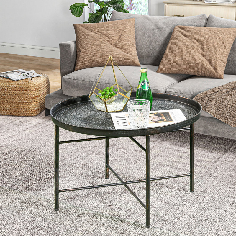 24" Round Coffee Table with Hammered Tray Top, Vintage Metal Centre Table, Pewter