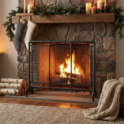 Astra Industrial 1-Panel Iron Fireplace Screen with Pipe Frame, 36" W x 29" H